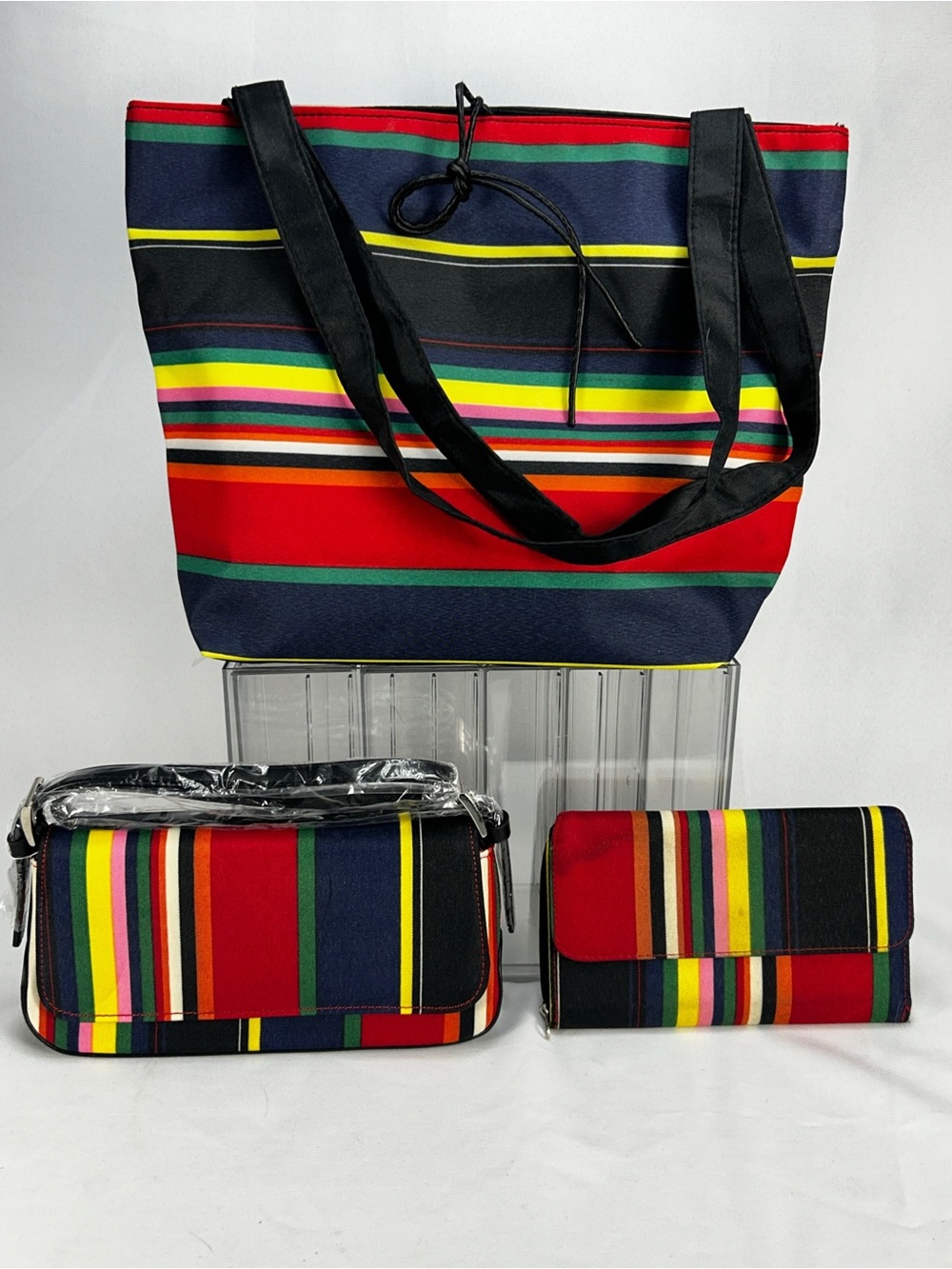 (3) piece set - Multicolor Striped Tote Bag, Crossbody & Wallet - Women